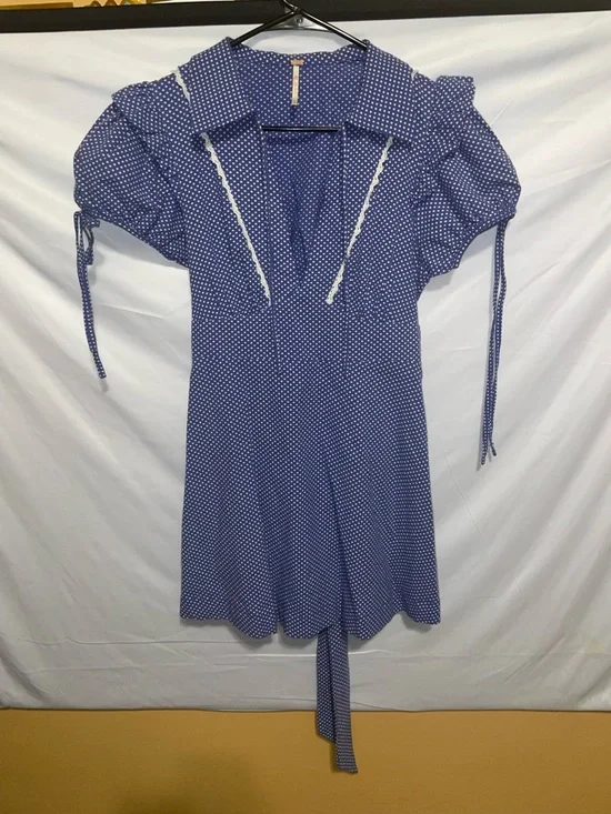 Free People Blue Polka Dot Puff Sleeve Mini Dress - Picture 4 of 8